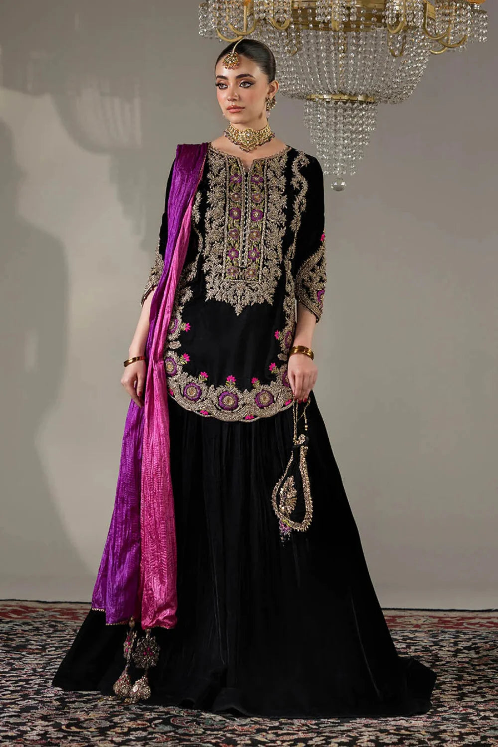 Hand Embroidered Black Velvet Sharara with 3D Work