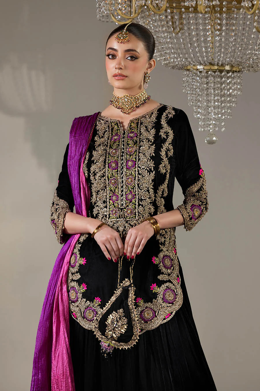 Hand Embroidered Black Velvet Sharara with 3D Work