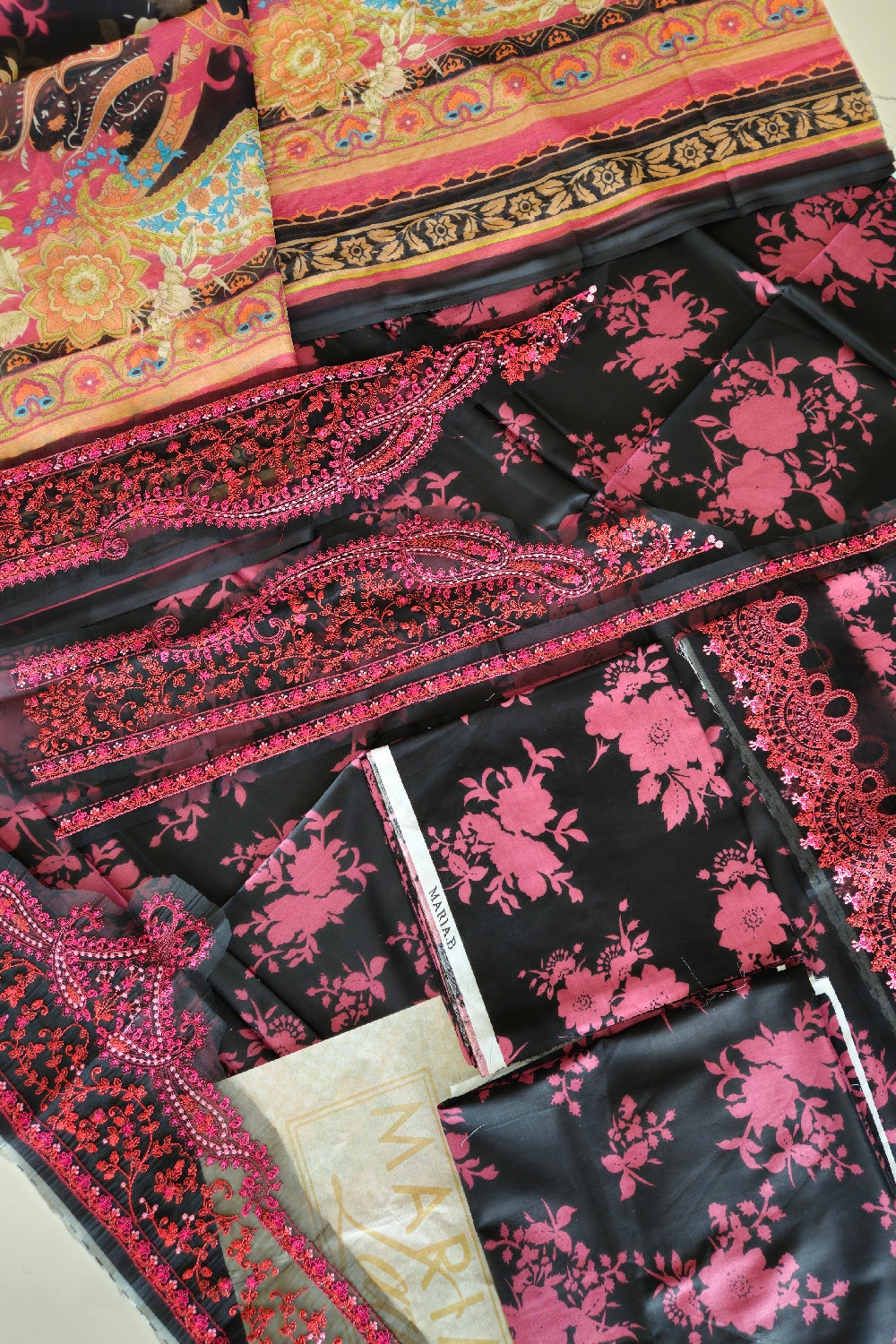 Black & Red Lawn Suit with Chiffon Dupatta