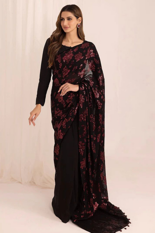 Black & Red Heavy Sequins Embroidered Wedding Saree