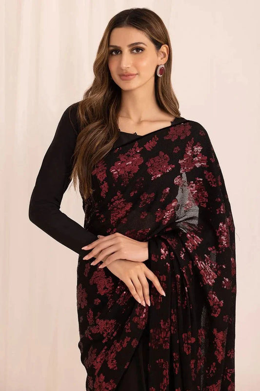 Black & Red Heavy Sequins Embroidered Wedding Saree