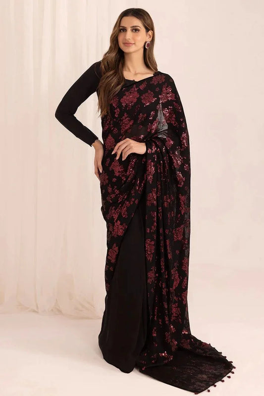 Black & Red Heavy Sequins Embroidered Wedding Saree