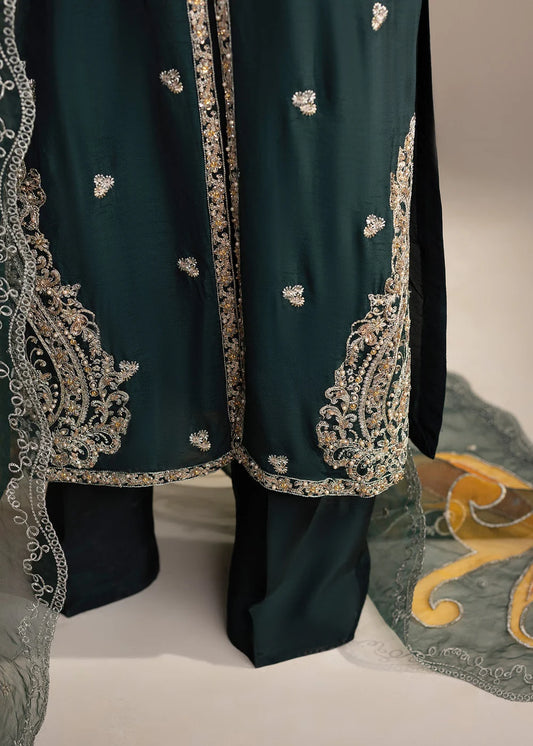 Bottle Green Embellished Raw Silk Front-Open Suit