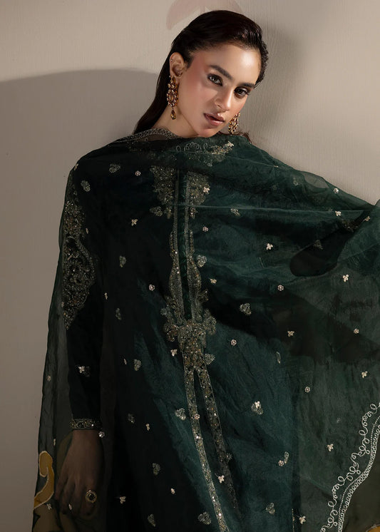 Bottle Green Embellished Raw Silk Front-Open Suit