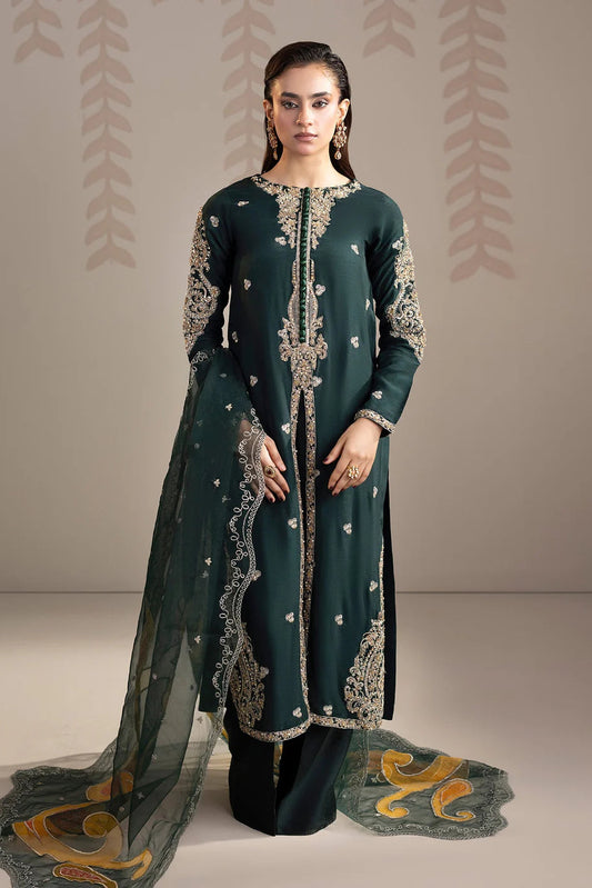 Bottle Green Embellished Raw Silk Front-Open Suit