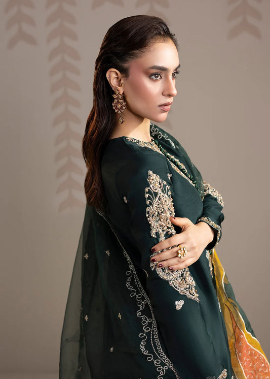 Bottle Green Embellished Raw Silk Front-Open Suit