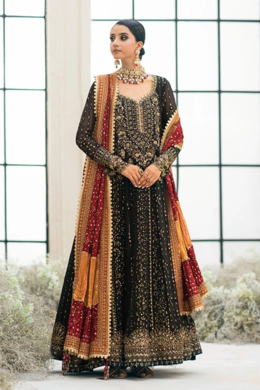 Black Chiffon Anarkali with Contrasting Red Dupatta