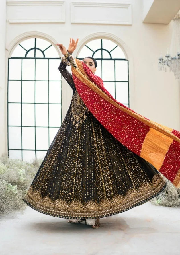 Black Chiffon Anarkali with Contrasting Red Dupatta