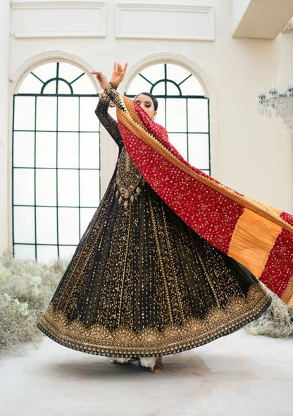 Black Chiffon Anarkali with Contrasting Red Dupatta