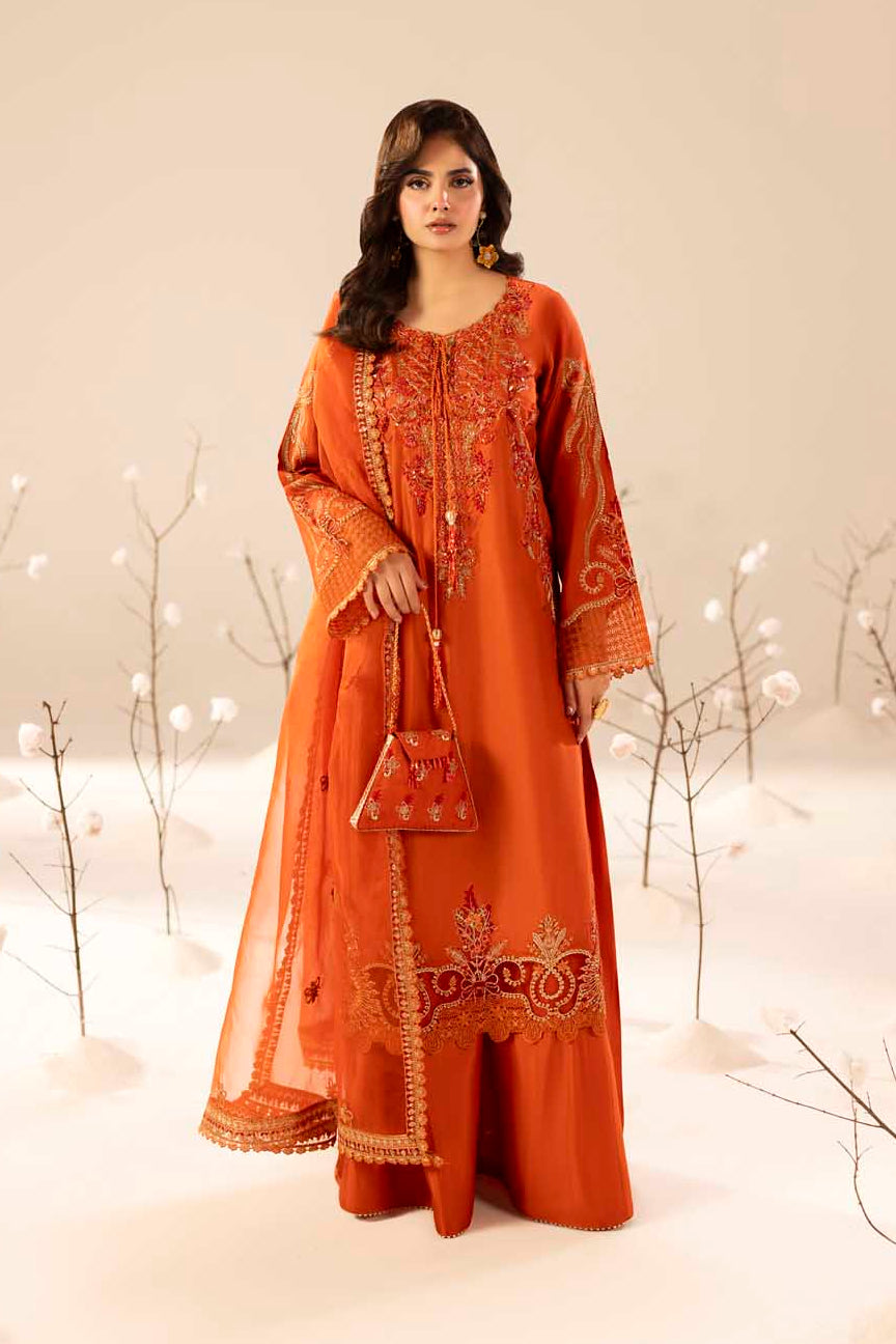 Burnt Orange Embellished & Embroidered Raw Silk Suit with Potil