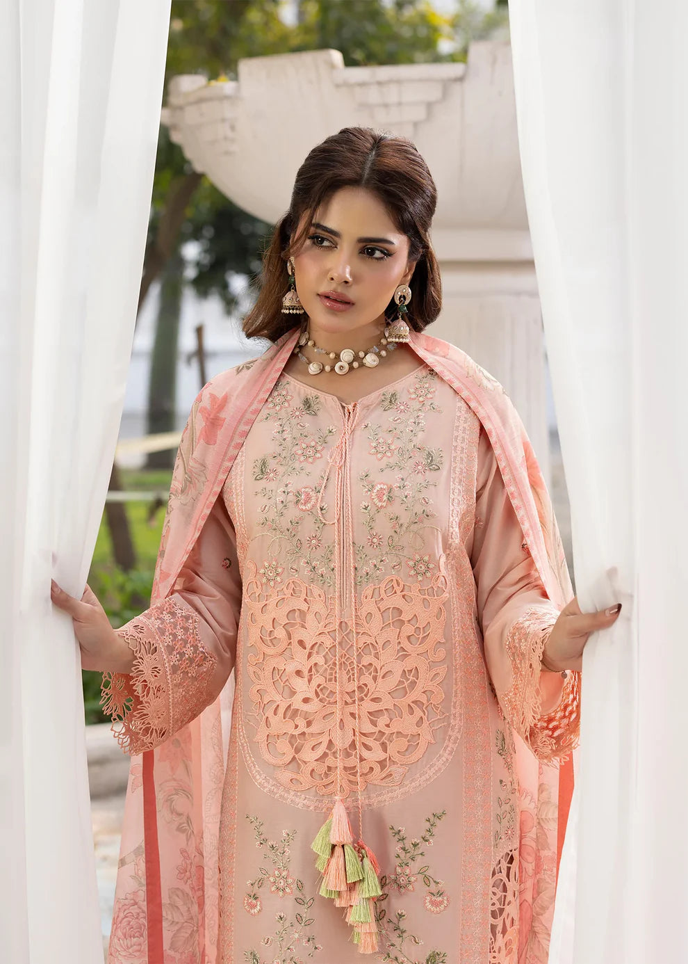 Light Pink Heavy Embroidered Lawn Suit with Organza Patchwork Embroidery