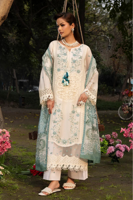 Ivory Heavy Embroidered Lawn Suit with Organza Patchwork Embroidery