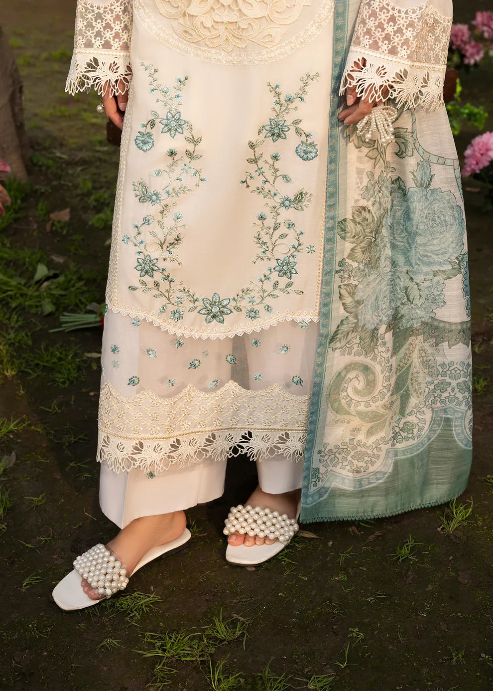 Ivory Heavy Embroidered Lawn Suit with Organza Patchwork Embroidery