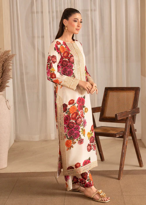 Ivory Printed Silk Kurta Set with Sequinned Lace Details