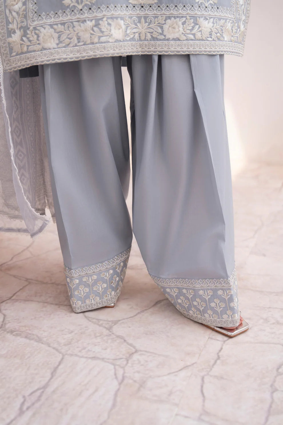 Dove Grey Richly Embroidered Farshi Shalwar Suit