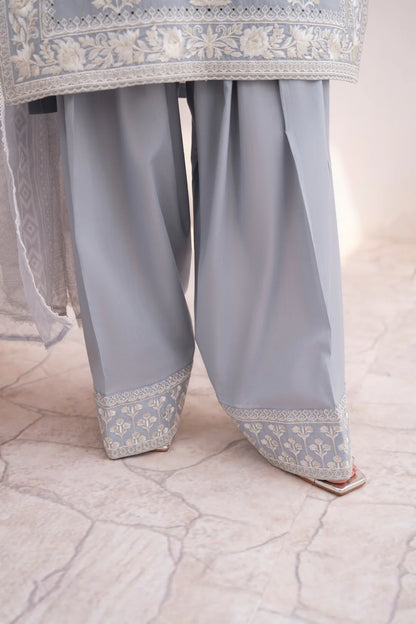 Dove Grey Richly Embroidered Farshi Shalwar Suit