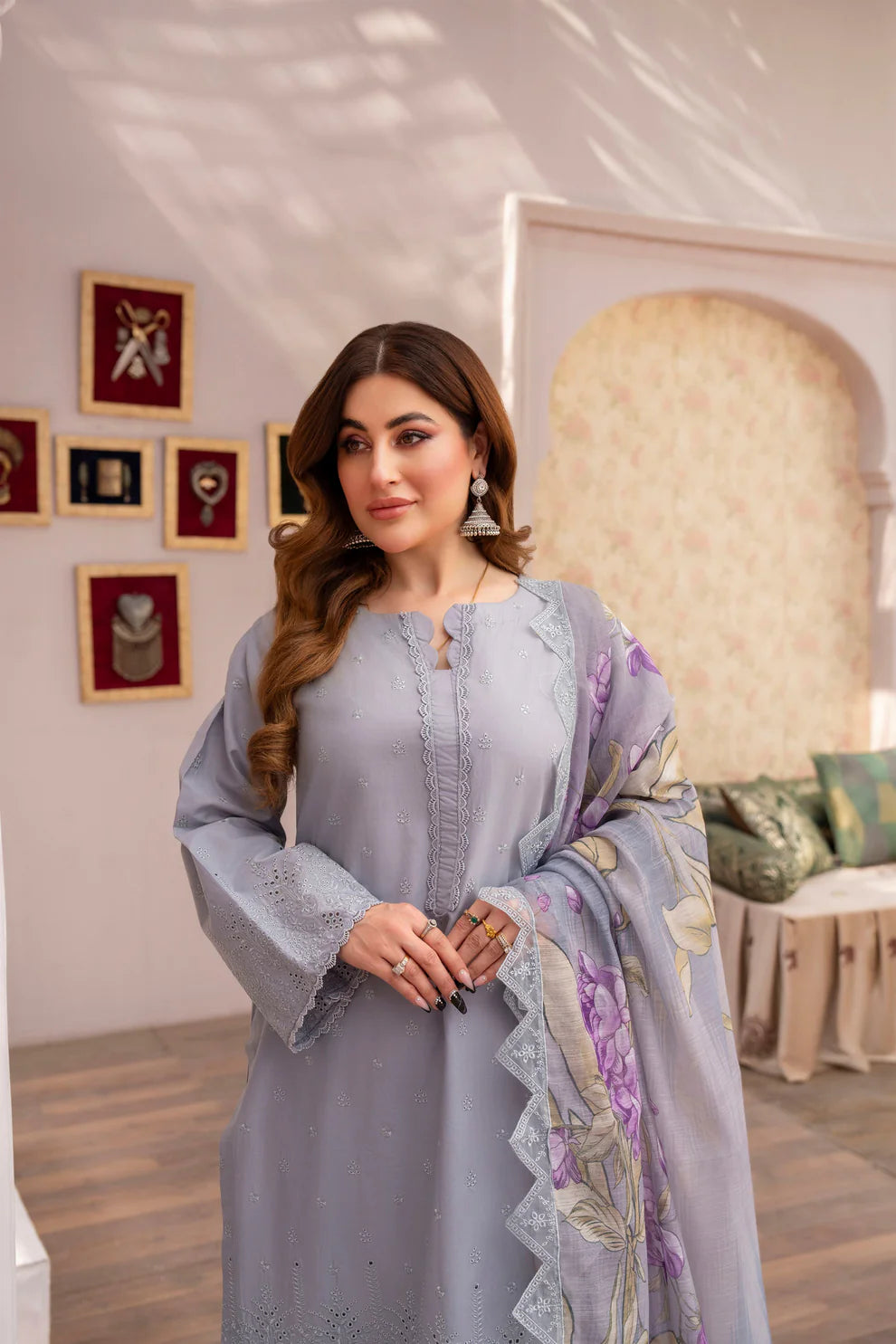 Turquoise Grey Chikankari Embroidered Pure Lawn Suit