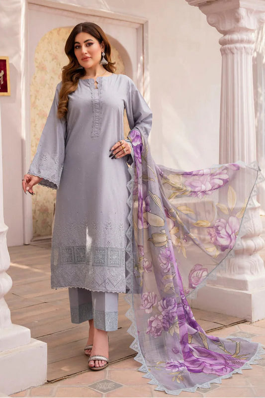 Turquoise Grey Chikankari Embroidered Pure Lawn Suit