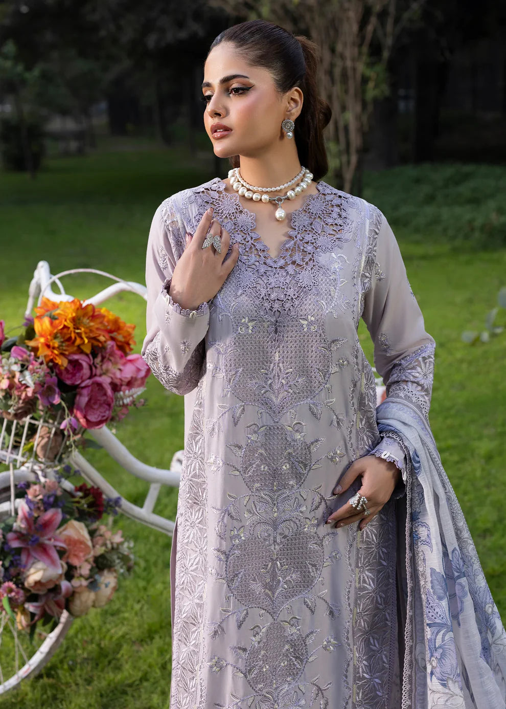 Lilac Lawn Suit with Schiffli Embroidery & Patchwork Details