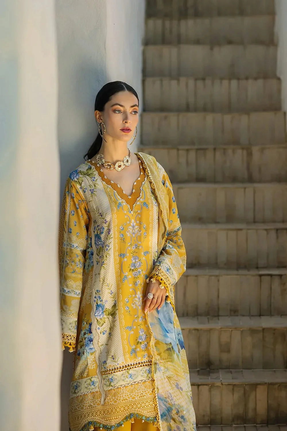 Mustard Yellow Pure Lawn Suit with Embroidered Laces