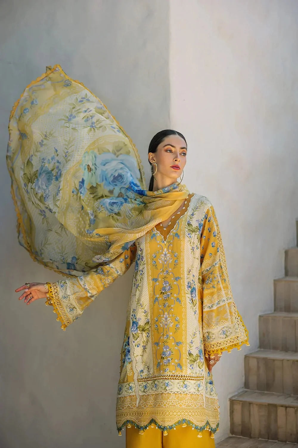 Mustard Yellow Pure Lawn Suit with Embroidered Laces