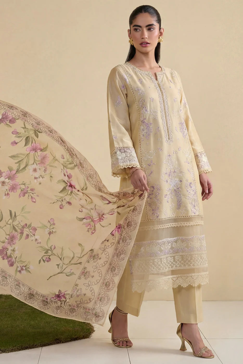 Lemon Embroidered Lawn Kurta Set with Dupatta