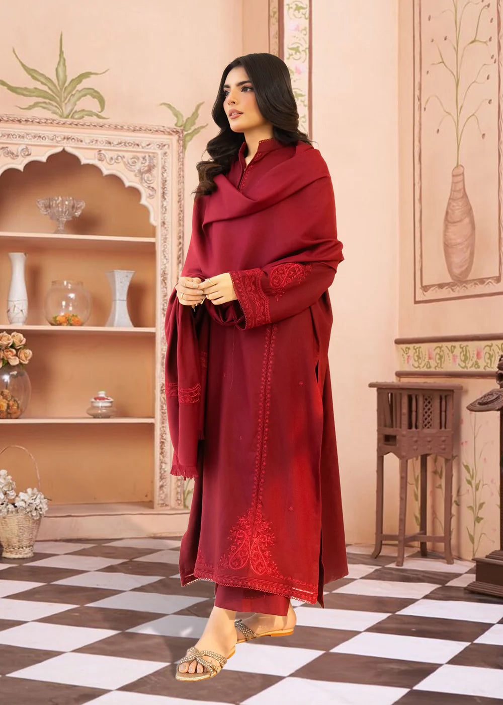 Maroon Embroidered Linen Kurta Set with Dupatta