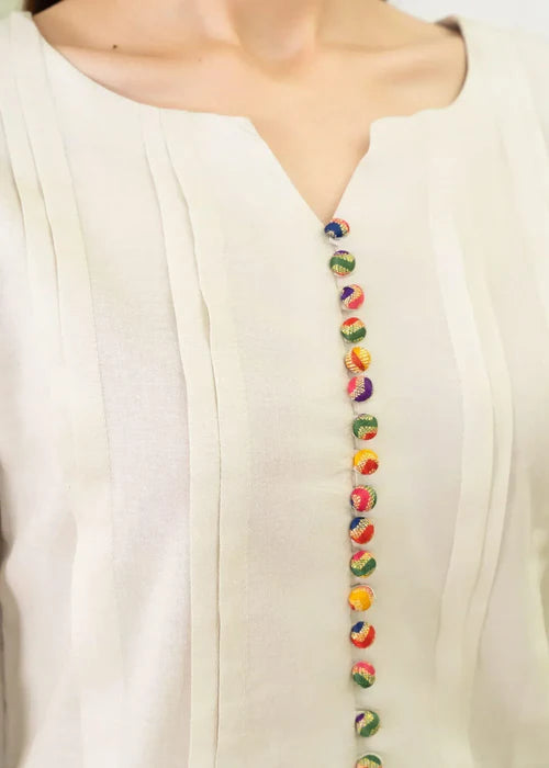 Linen Floral Embroidered Ivory Kurta Set