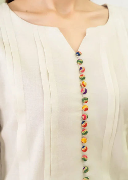 Linen Floral Embroidered Ivory Kurta Set