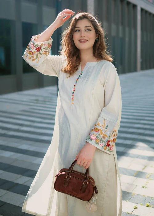 Linen Floral Embroidered Ivory Kurta Set