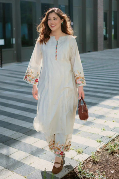 Linen Floral Embroidered Ivory Kurta Set