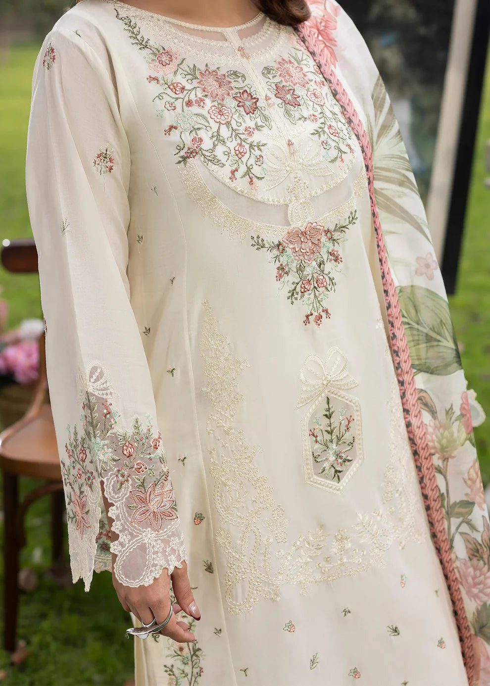 Ivory Lawn Shirt with Organza Patchwork Embroidery