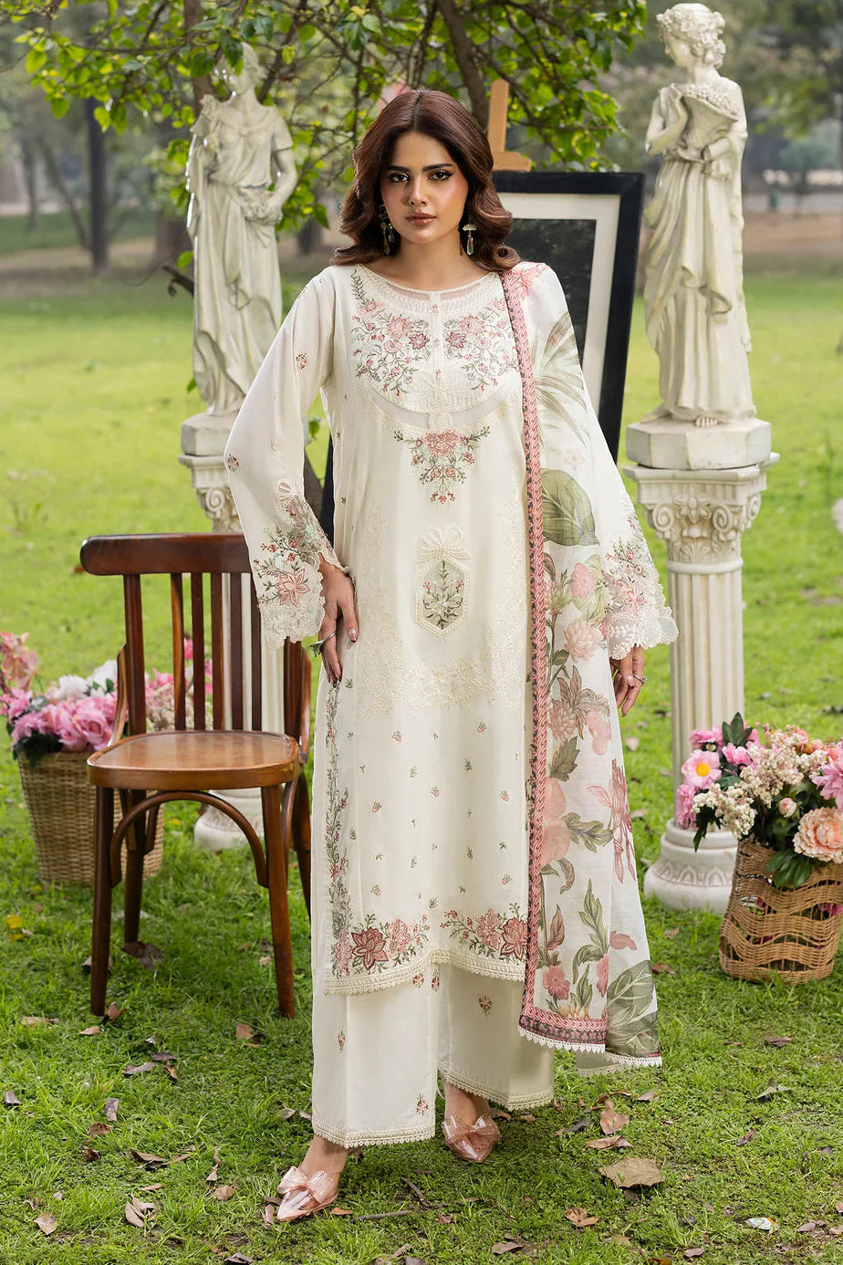 Ivory Lawn Shirt with Organza Patchwork Embroidery