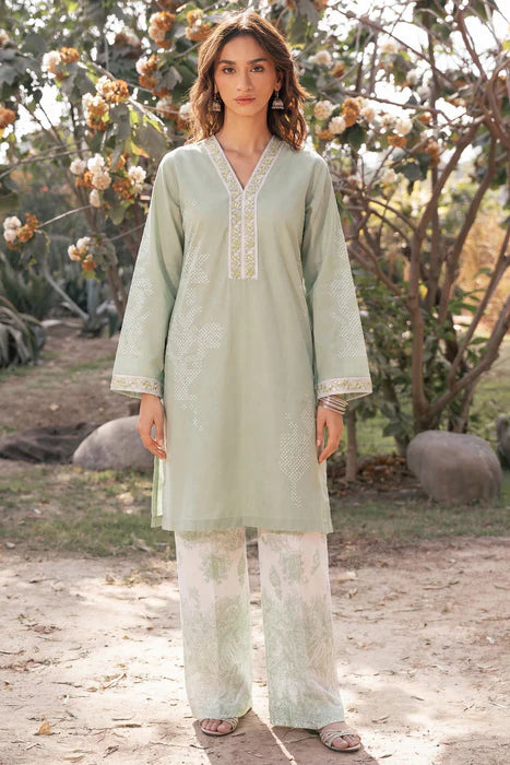Pista Green Printed Embroidered Lawn Kurta Set
