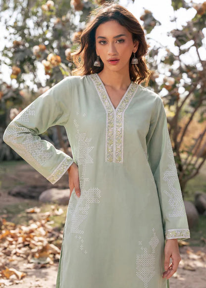 Pista Green Printed Embroidered Lawn Kurta Set