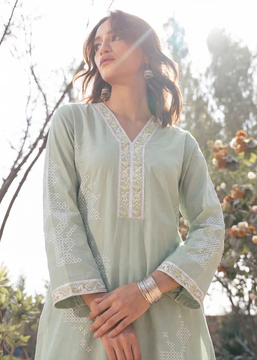 Pista Green Printed Embroidered Lawn Kurta Set