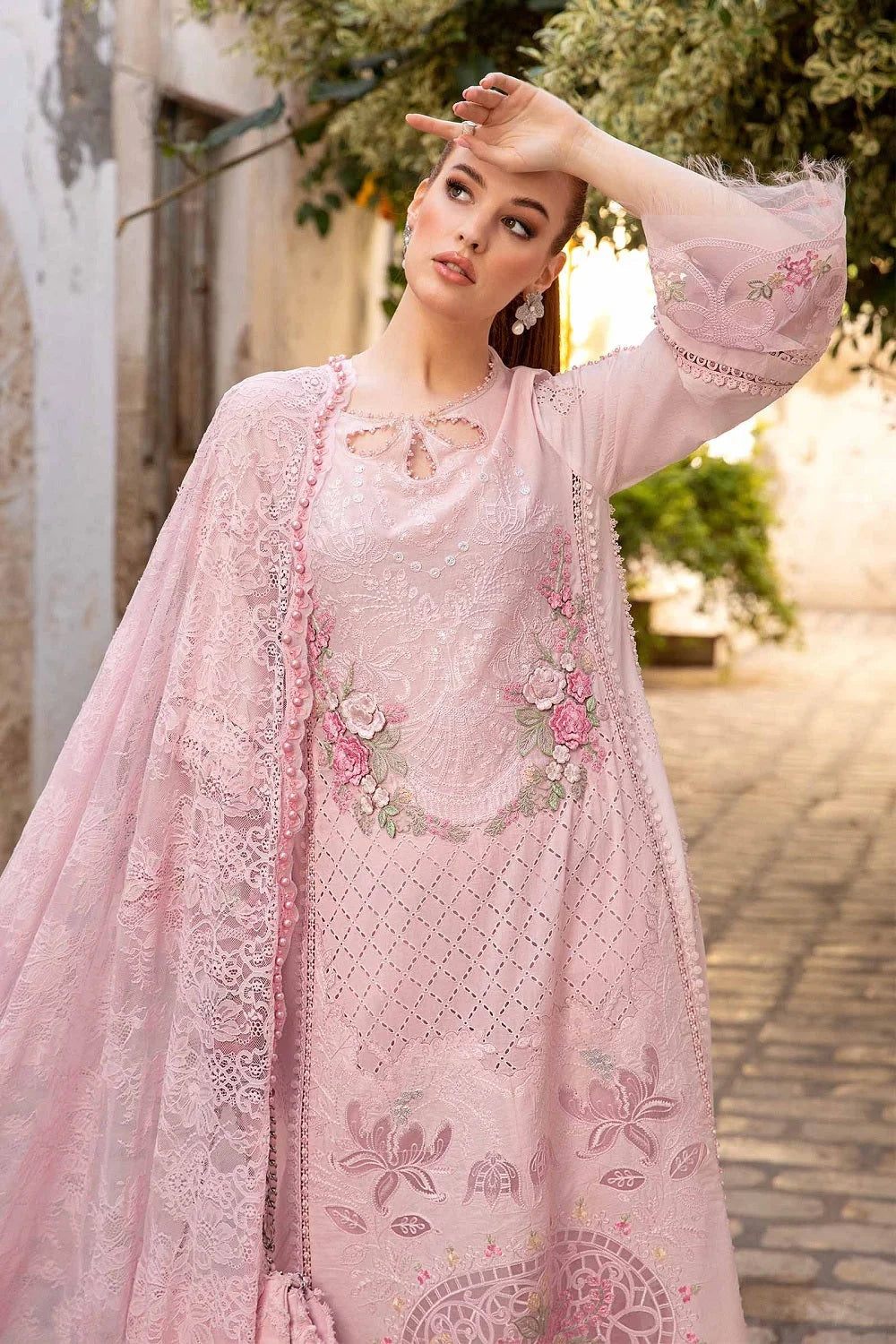 Pastel Pink Chikankari Embroidered Lawn Suit with Laser Cutwork