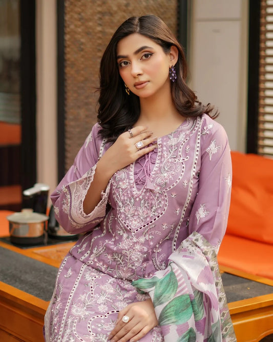 Lilac Heavy Embroidered Lawn Suit Size XL