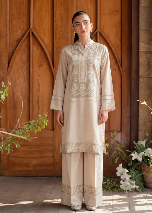Beige Embroidered Linen Kurta Set
