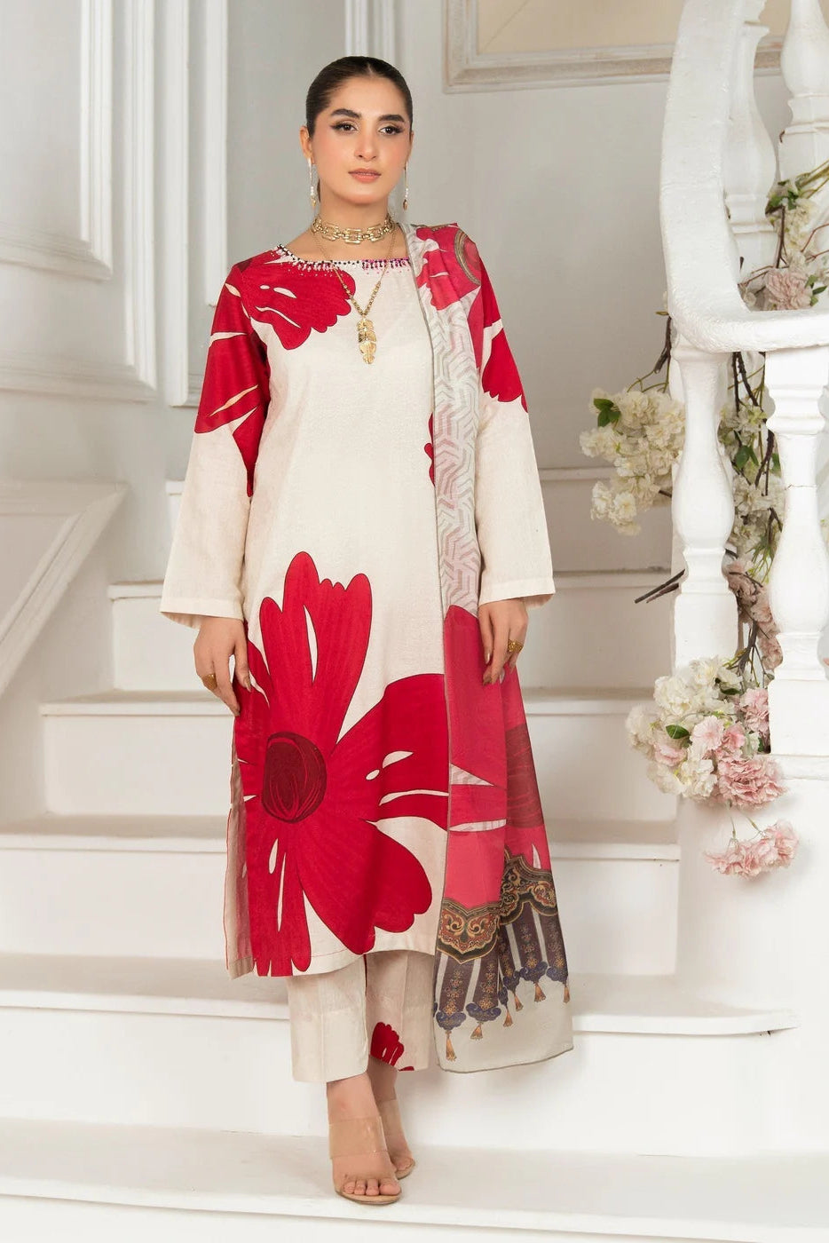 Self Jacquard Kurta Set in White