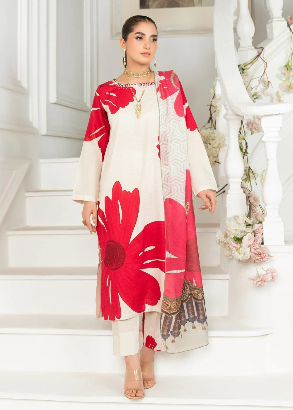 Self Jacquard Kurta Set in White