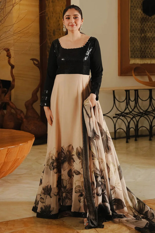 Printed Maxi with Sequins Embroidered Blouse & Pearl Details