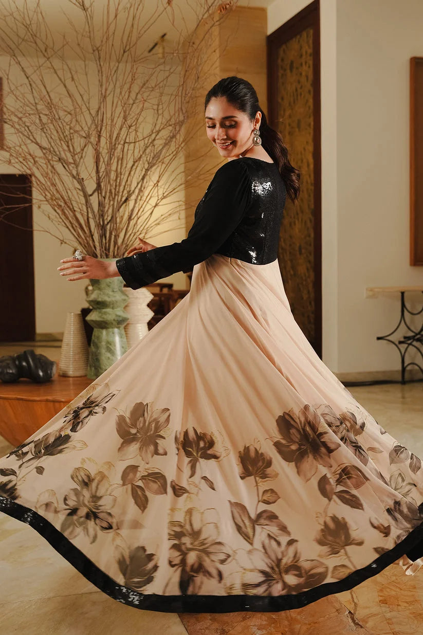 Printed Maxi with Sequins Embroidered Blouse & Pearl Details