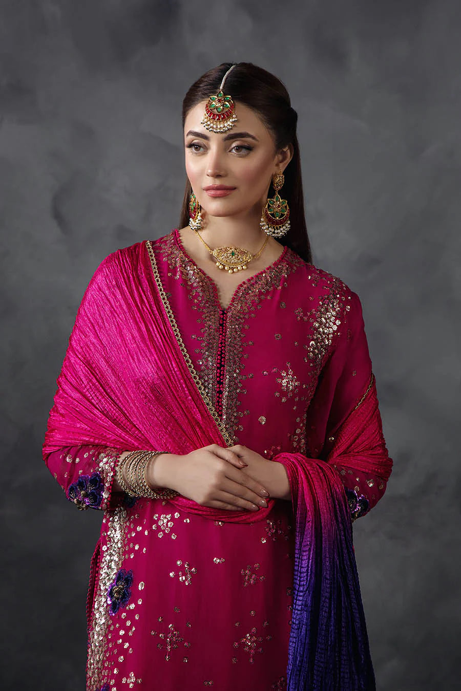 Hand Embroidered Magenta Crinkle Chiffon Designer Suit