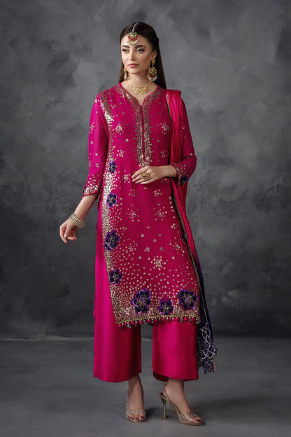 Hand Embroidered Magenta Crinkle Chiffon Designer Suit