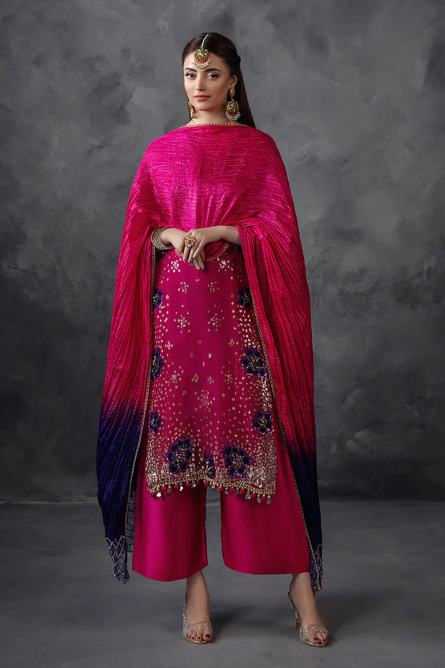 Hand Embroidered Magenta Crinkle Chiffon Designer Suit