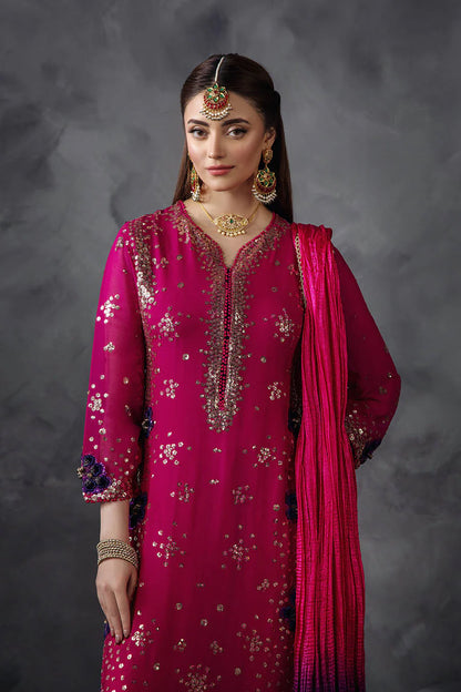 Hand Embroidered Magenta Crinkle Chiffon Designer Suit