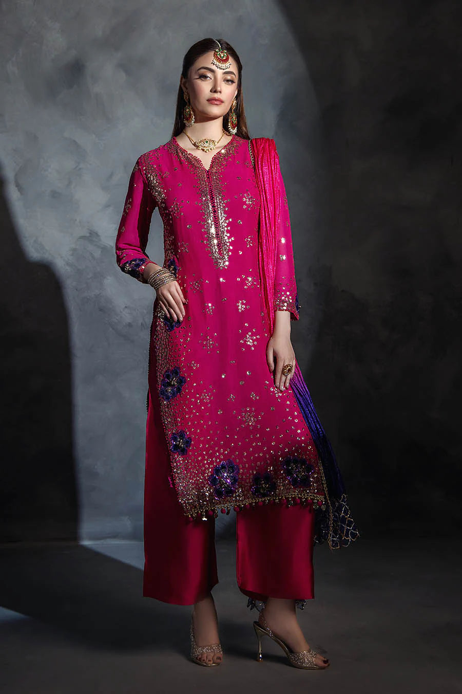 Hand Embroidered Magenta Crinkle Chiffon Designer Suit