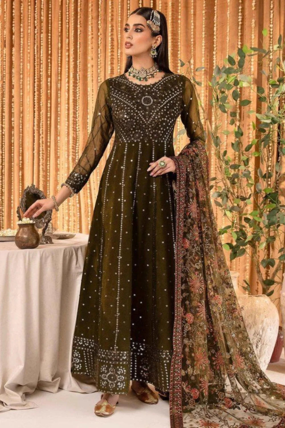 Mehendi Brown Chiffon Maxi with Handmade Blouse