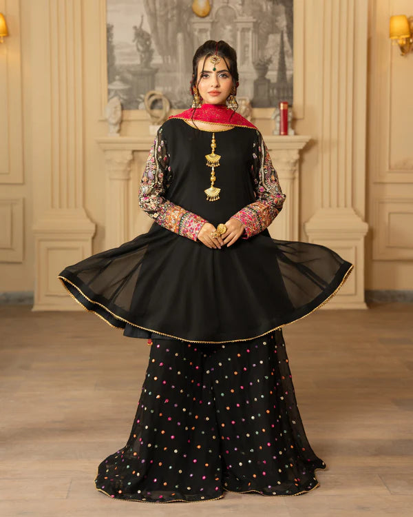 Short Frock & Sharara Set with Tilla & Panni Work